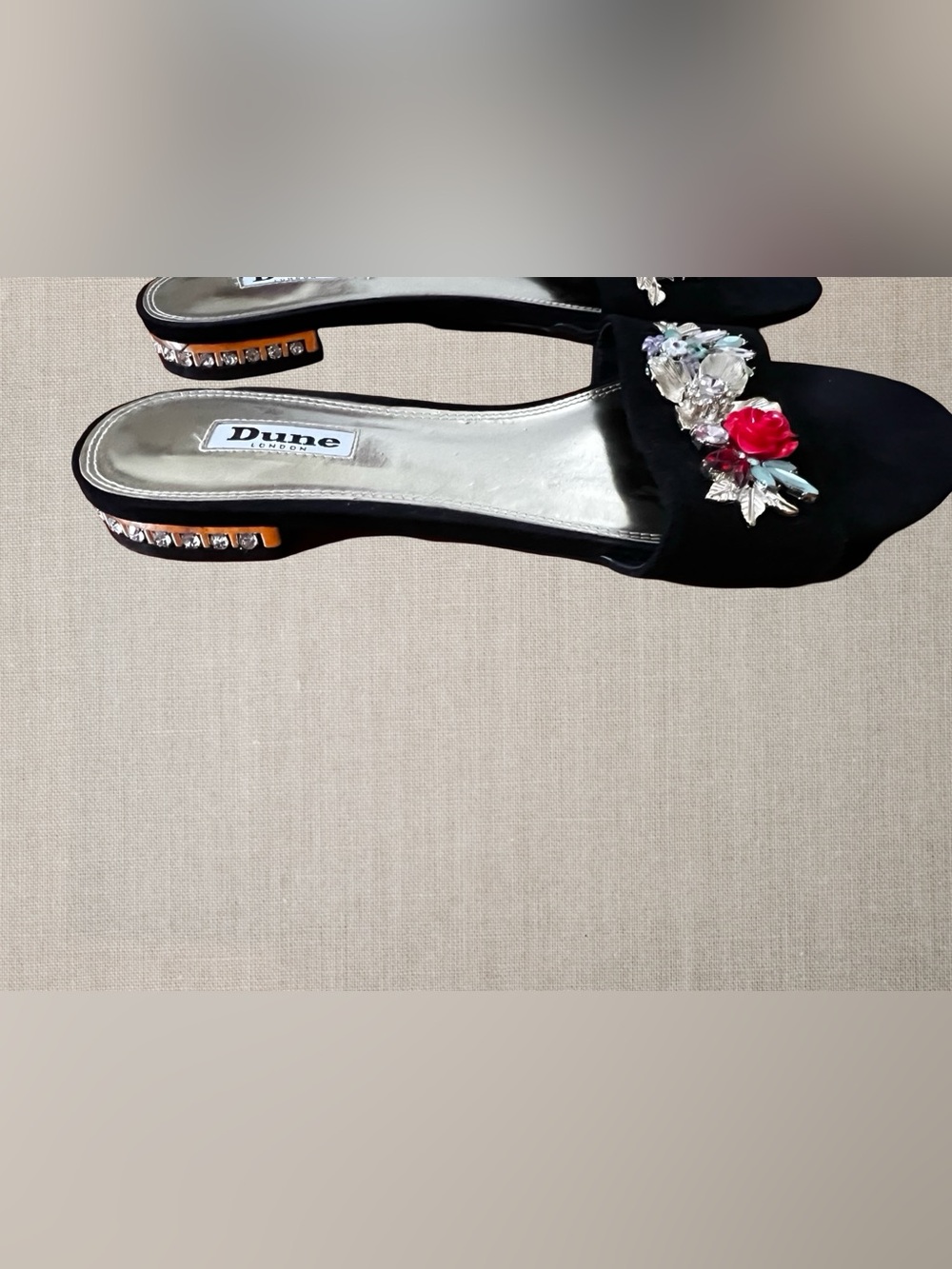 Dune London Naya Di Black Embellished Floral Crystal Applique Slide Sandals